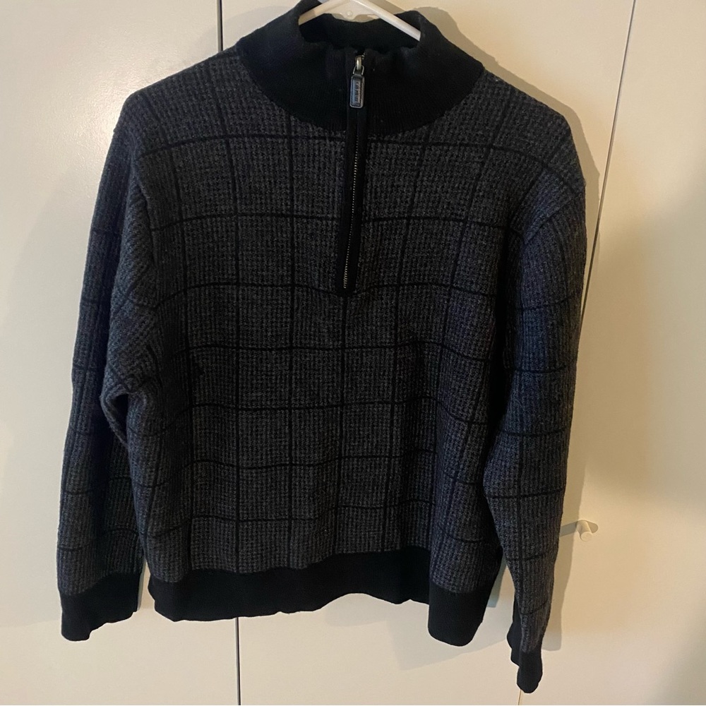Cremieux Black and Grey Zippered Neck Merino Wool Sweater, Suze XL